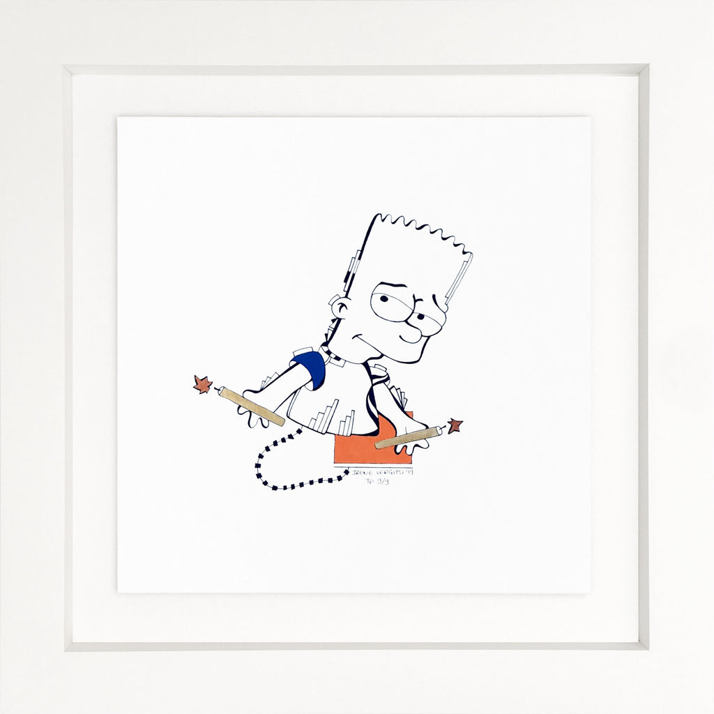 Simpsons Acrylics and Pen on paper by Irene Vergitsi  (White Frame)