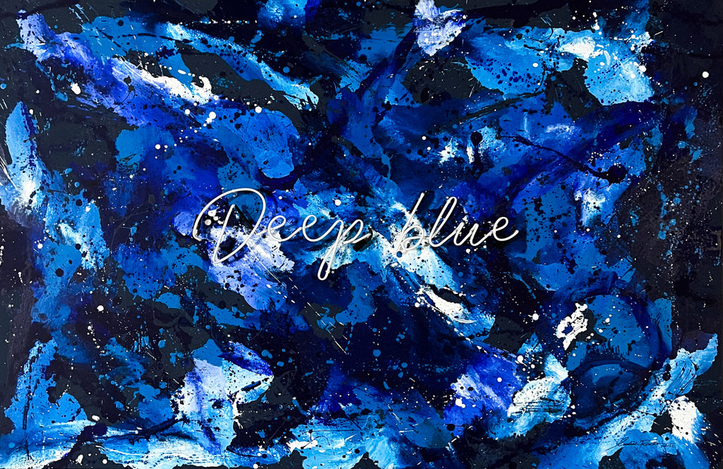 Deep Blue acrylics on Canvas and neon by Caroline Rovithi