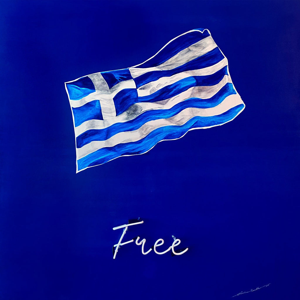 Gree Flag Art Print with Neon Lights by Caroline Rovithi (Blue) 2