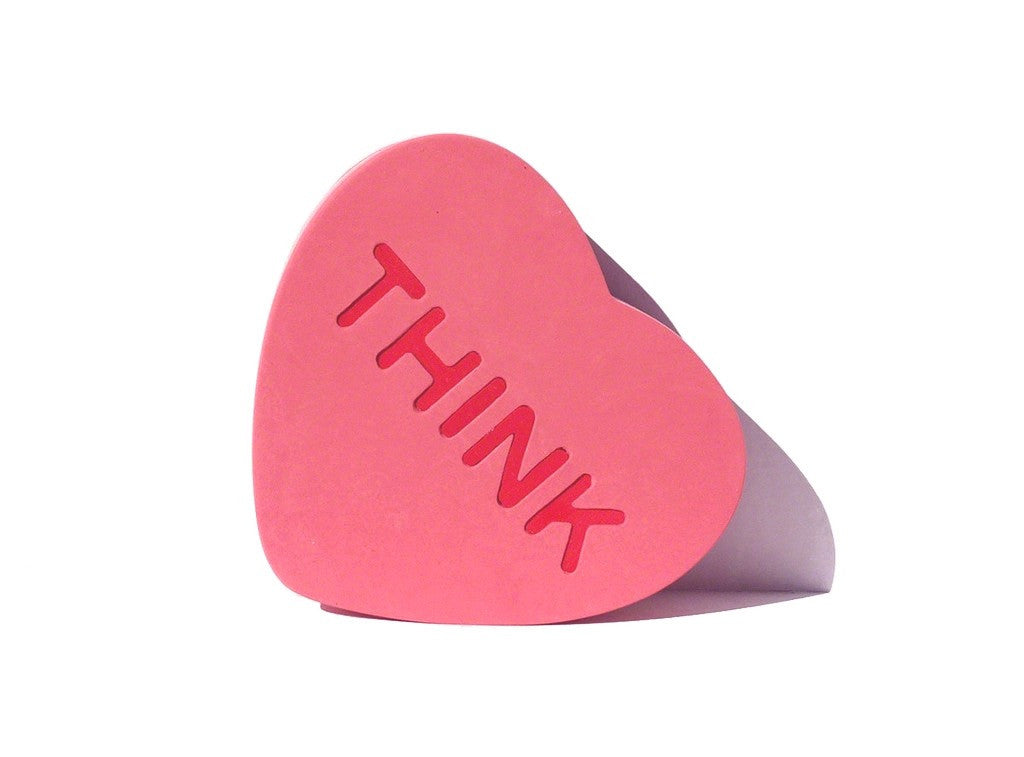 Handmade silicone Soft, Huggable, Silicon Heart Sculpture. Handmade sculpture by Brigitte Polemis, silicone heart with resin letters. Pink heart with the word THINK