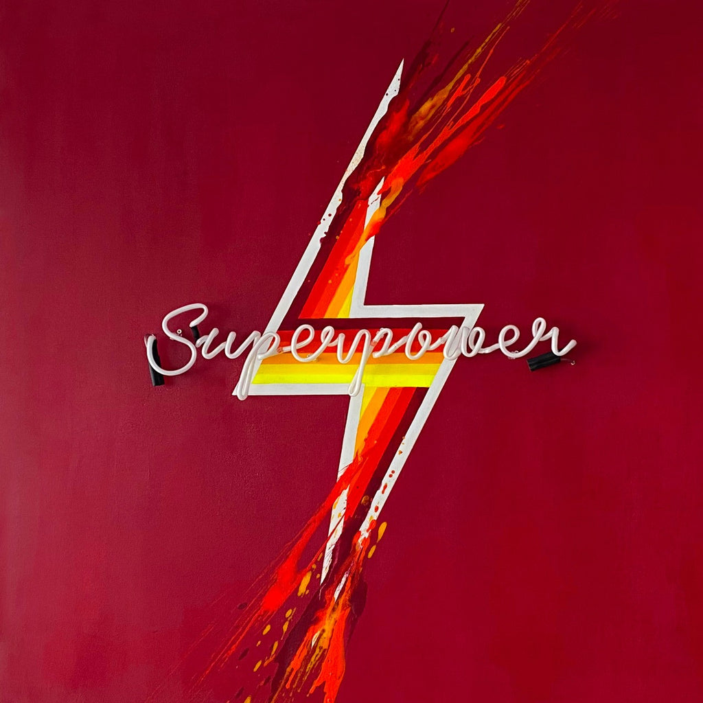 Superpower neon light on red Canvas by Caroline Rovithi