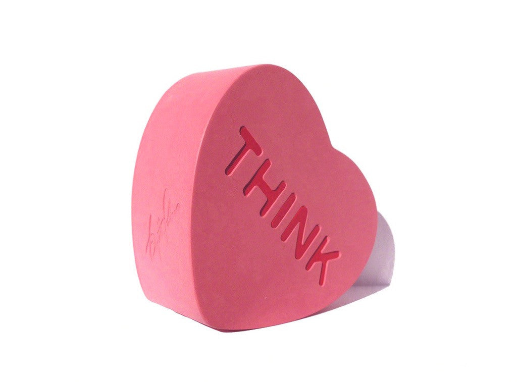 Handmade silicone Soft, Huggable, Silicon Heart Sculpture. Handmade sculpture by Brigitte Polemis, silicone heart with resin letters. Pink heart with the word THINK