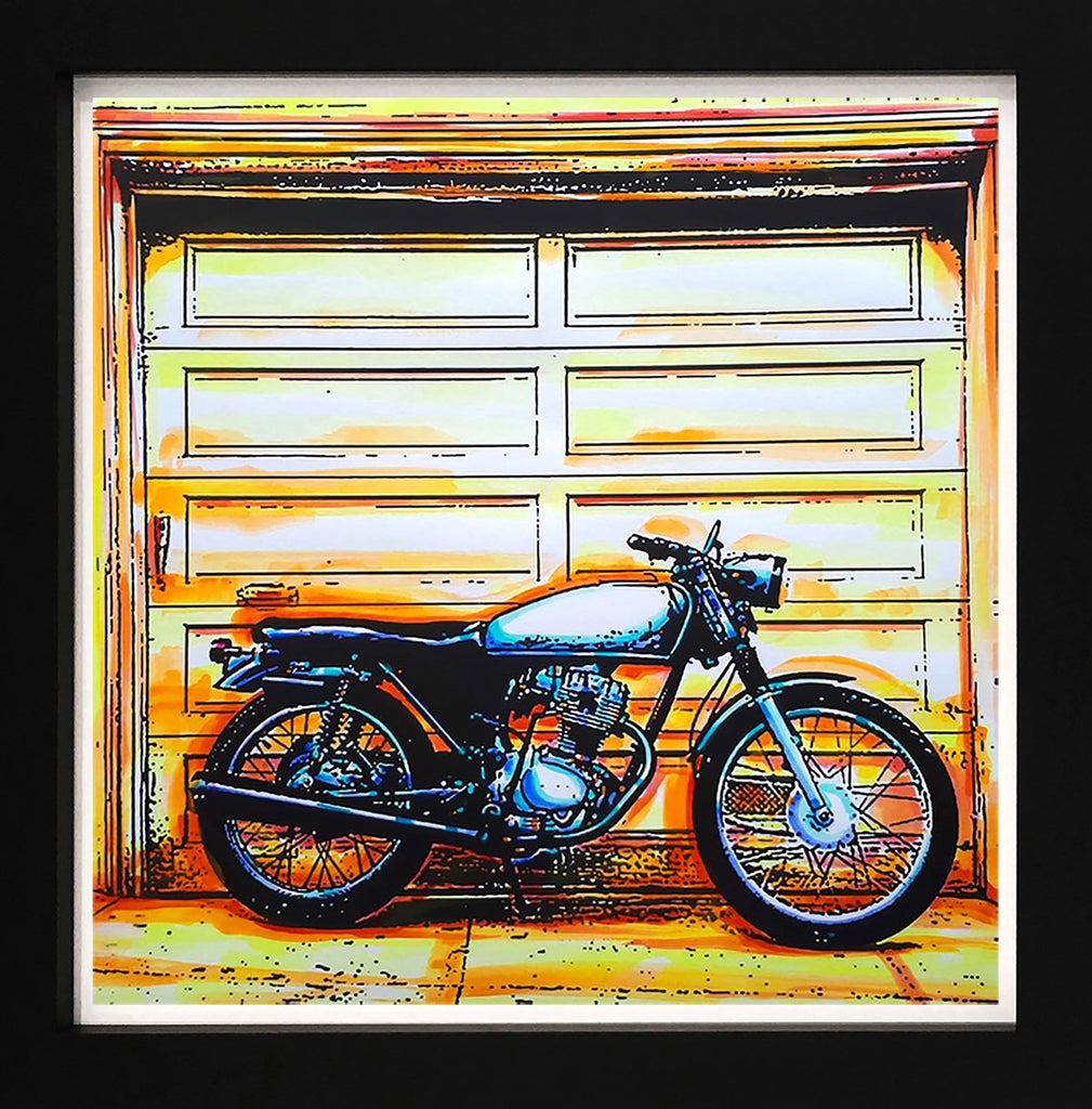 Moto Acrylics on printed paper in black float frame by Marcelo Zeballos