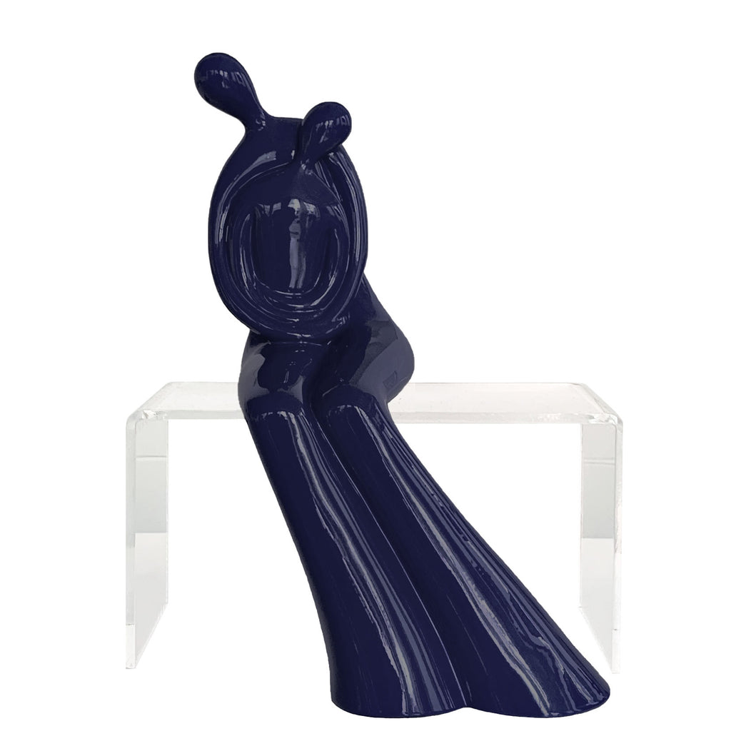 Couple Hugging Sculpture with metallic dark blue and acrylic bench by Vassiliki