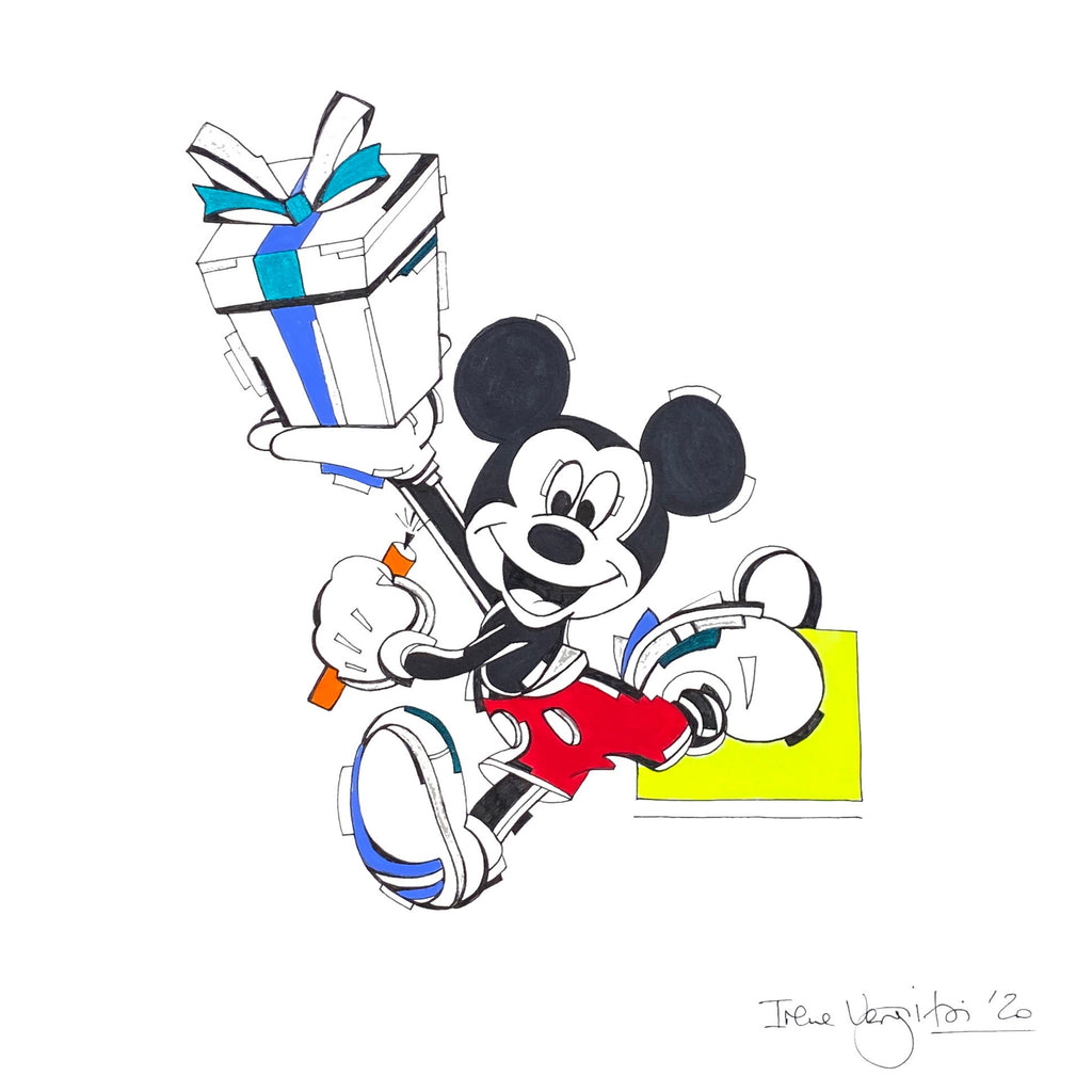 Mickey with gift acrylics on paper by Irene Vergitsi