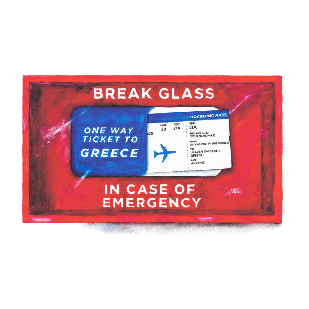 Ticket to Greece art print by Caroline Rovithi (Red &amp; Blue)