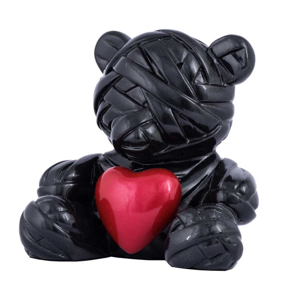 Teddy Bear with red heart sculpture by Stathis Alexopoulos (metallic black)