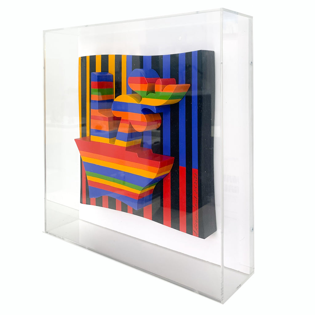 Colorful Stripes boat made by cardboard in Plexiglass by Antonis Kastrinakis