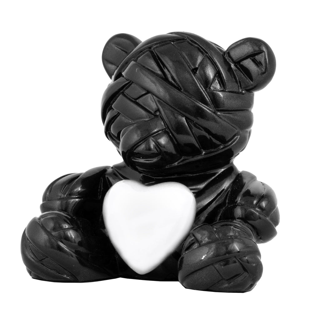 Teddy Bear with White heart sculpture by Stathis Alexopoulos (metallic black)