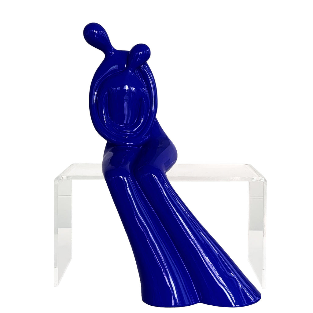 Couple Hugging Sculpture with metallic blue and acrylic bench by Vassiliki