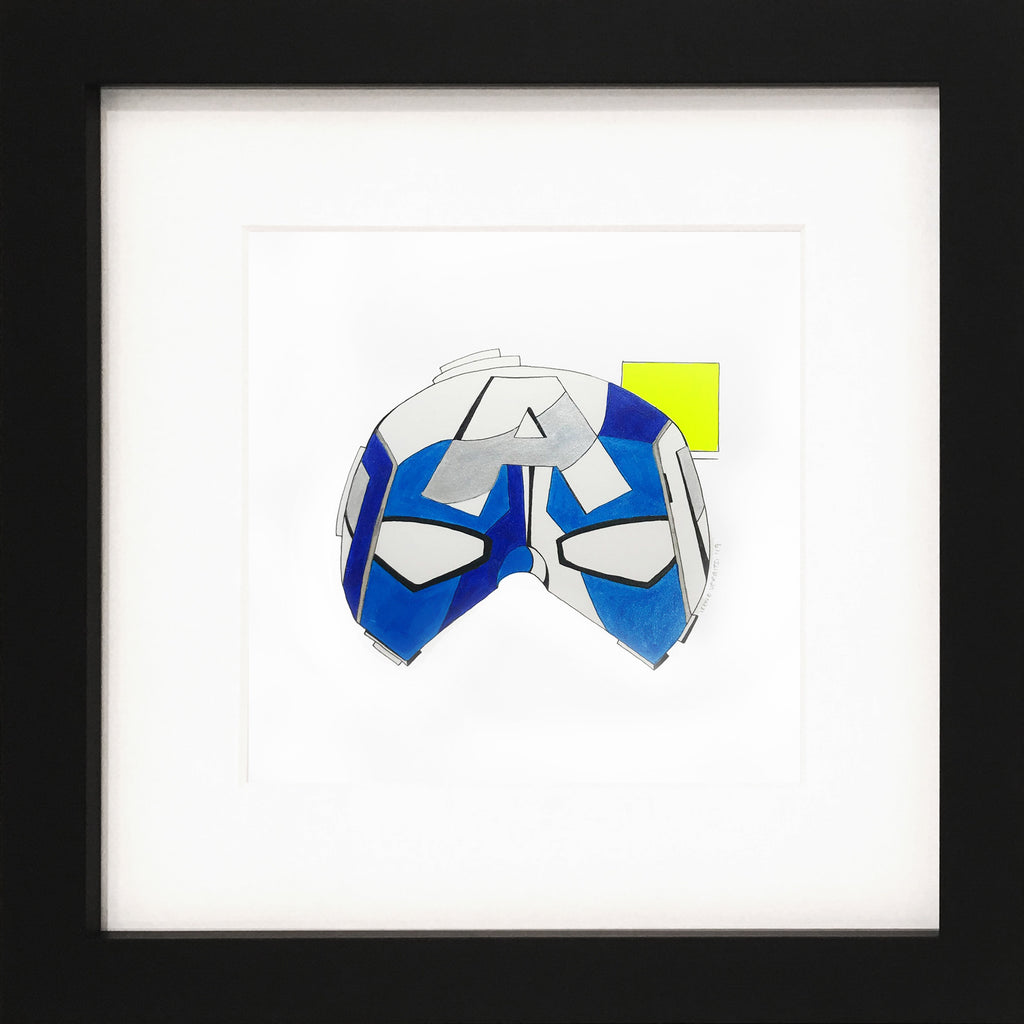 Hero series acrylics on paper by Irene Vergitsi (Blue yellow mask)